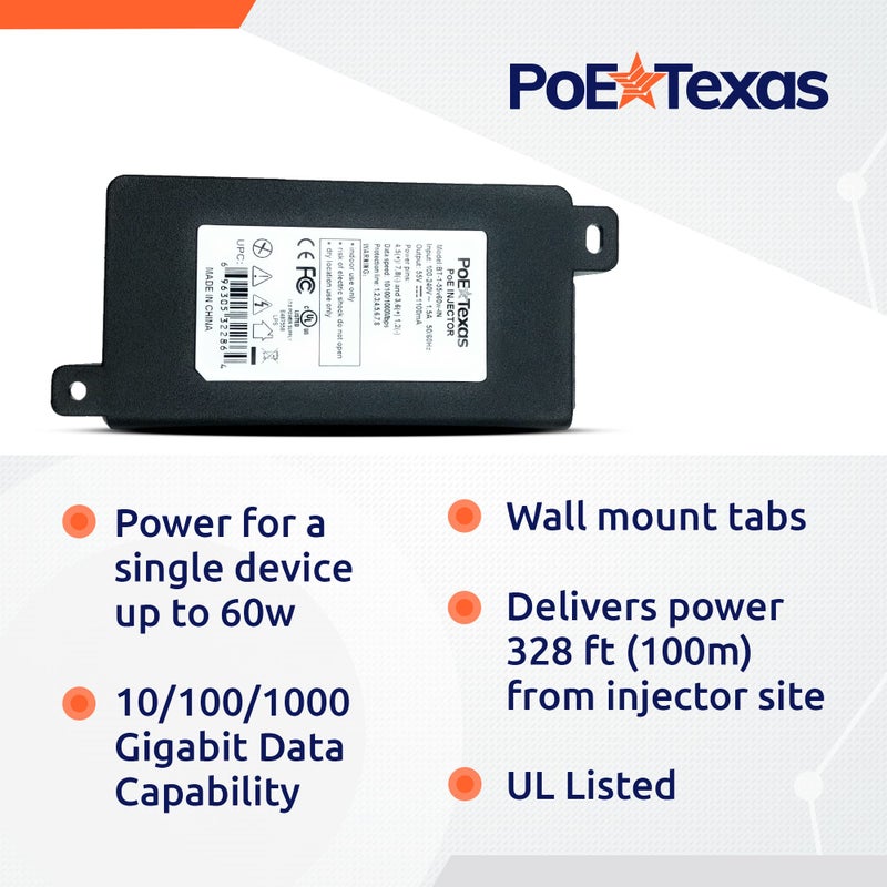 Poe Texas 60 watt PoE Injector - 802.3bt PoE++ Single Port 4-Pair Power Over Ethernet Injector - Active PoE Adapter with 55V 60W Output - 10/100/1000 Gigabit Data - Mode A/B Wall Mount Plug & Play - Image 3